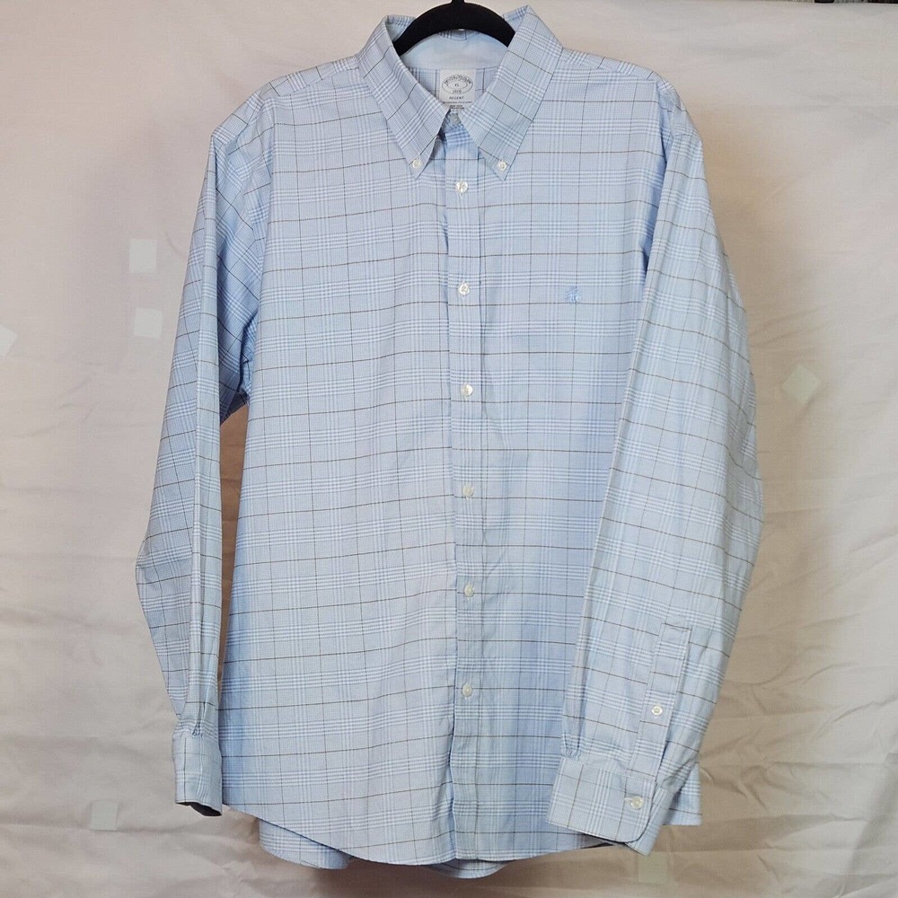 Brooks Brothers XL Dress Shirt Blue Gold Glen Plaid Non-Iron Stretch Regent Fit